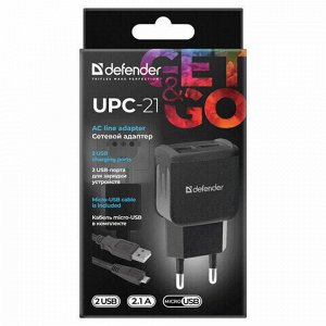 Зарядное устройство сетевое (220 В) DEFENDER UPC-21, кабель microUSB 1 м, выходной ток 2,1 А, черное, 83581