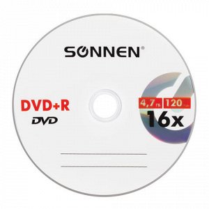 Диски DVD+R (плюс) SONNEN 4,7 Gb 16x Cake Box (упаковка на шпиле), КОМПЛЕКТ 50 шт., 512577