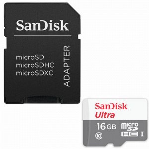 Карта памяти microSDHC, 16 GB, SANDISK Ultra UHS-I U1, 80 Мб/сек (class 10), адаптер, QUNS-016G-GN3MA