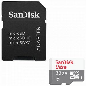 Карта памяти microSDHC, 32 GB, SANDISK Ultra UHS-I U1, 80 Мб/сек (class 10), адаптер, QUNS-032G-GN3MA