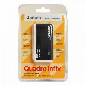 Хаб DEFENDER QUADRO INFIX, USB 2.0, 4 порта, порт для питания, 83504