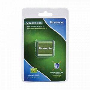 Хаб DEFENDER QUADRO IRON, USB 2.0, 4 порта, алюминиевый корпус, порт для питания, 83506