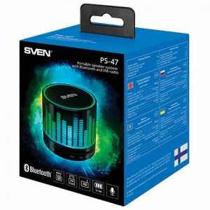 Колонка портативная с подсветкой SVEN PS-47, 1.0, 3 Вт, Bluetooth, FM-тюнер, USB, черная, SV-015794