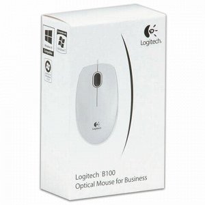 Мышь проводная LOGITECH B100, USB, 2 кнопки + 1 колесо-кнопка, оптическая, белая, 910-003360