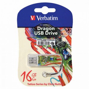 Флеш-диск 16 GB, VERBATIM Mini Tattoo Edition Dragon, USB 2.0, белый с рисунком, 49888