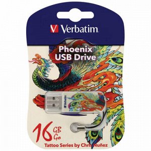 Флеш-диск 16 GB, VERBATIM Mini Tattoo Edition Phoenix, USB 2.0, белый с рисунком, 49887