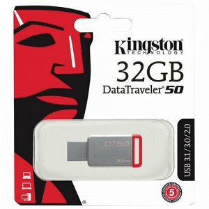 Флеш-диск 32 GB KINGSTON DataTraveler 50 USB 3.0, металлический корпус, серебристый/красный, DT50/32GB