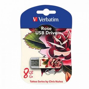 Флеш-диск 8 GB, VERBATIM Mini Tattoo Edition Rose, USB 2.0, белый с рисунком, 49881