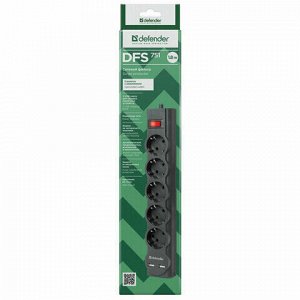 Сетевой фильтр DEFENDER DFS 751, 5 розеток, 1,8 м, 2 порта USB, 2.1A, черный, 99751
