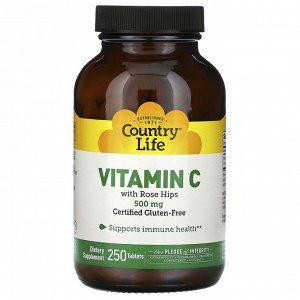 Country Life, витамин C с шиповником, 500 мг, 250 таблеток