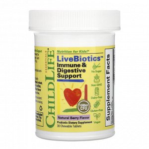 ChildLife, LiveBiotics, поддержка иммунитета и пищеварения, натуральный ягодный вкус, 5 млрд КОЕ, 30 жевательных таблеток