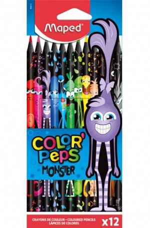 Maped. Карандаши цветные пластиковые "Color'Peps Black Monster" (12 цв) декорированные,  арт.862612