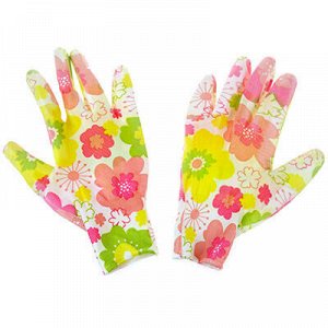 Перчатки полиэстер, обливные, рзмер L "Цветы" розово-зеленый