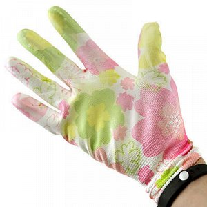 Перчатки полиэстер, обливные, рзмер L "Цветы" розово-зеленый