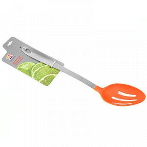 Ложка гарнирная для тефлоновой посуды пластмассовая "Оранж" 35см, ручка из нержавеющей стали, с прорезями (Китай)