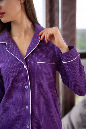 Пижама с длинным рукавом и шортами фиолетовая в горошек