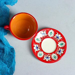 Кофейная пара Шафран Риштанская Керамика, 2 предмета: чашка 100 мл, блюдце d=10 см, красная