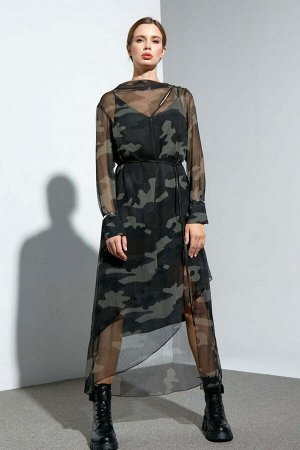 Платье Платье в стиле smart casual выполнено из прозрачного крэш-шифона с актуальным дизайнерским принтом "military" и эффектом «non iron». Модель полуприлегающего силуэта, с асимметричным низом перед