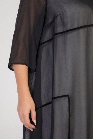 Платье Женственное двойное платье A-образного силуэта. Верхний слой креп-шифон, нижний - из плательной ткани контрастного оттенка. Верхний слой декорирован бархатной тесьмой.  Круглый вырез горловины 