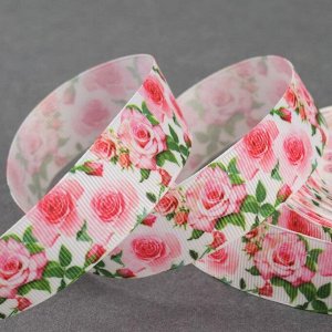 Арт Узор Лента репсовая «Розы», 25 мм, 18 ± 1 м, цвет белый/розовый