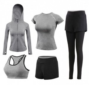 Костюм спортивный женский (топ, брюки, футболка, шорты, толстовка), серый,