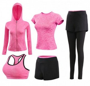 Костюм спортивный женский (топ, брюки, футболка, шорты, толстовка), розовый