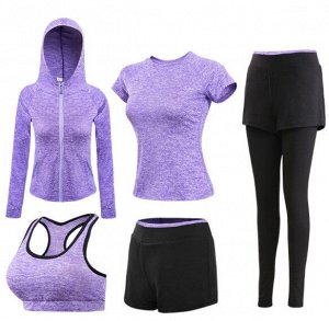 Костюм спортивный женский (топ, брюки, футболка, шорты, толстовка), фиолетовый