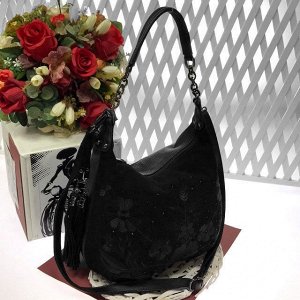 Эксклюзивная сумочка мешочек Cabaret из прочной качественной замши со стразами чёрного цвета.