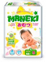 Подгузники одноразовые Maneki размер S 4-8кг 66 штук