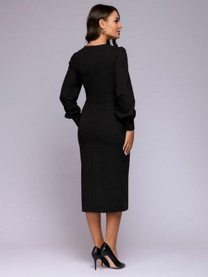 Платье-футляр черное с объемными рукавами и разрезом спереди