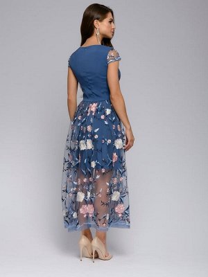 Платье синее длины миди с вышивкой и короткими рукавами