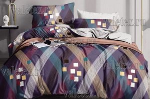 Постельное белье из фиолетового поплина с разноцветными квадратами и полосами и светло-серым компаньоном 2 СП