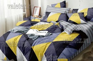 Постельное белье из желто-черно-синей абстракции поплина с компаньоном из голубых и коричневых полос 2 СП