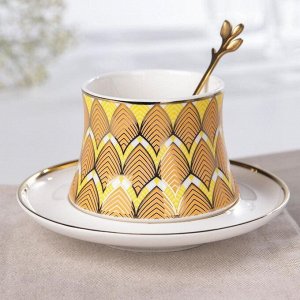 Кофейная пара «Золотой лист», чашка 200 мл, блюдце d=14 см, ложка, цвет жёлтый