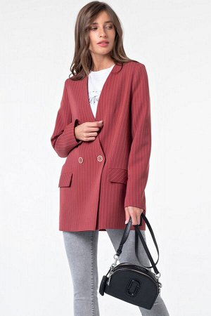 Пиджак двубортный без воротника в полоску темно-красный