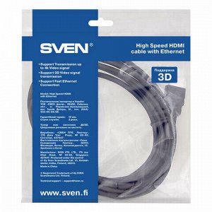 Кабель HDMI 4,5 м SVEN v.1.4, 19M-19M, для передачи цифрового аудио-видео, SV-015497