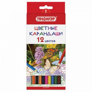 Карандаши цветные ПИФАГОР "БАБОЧКИ", 12 цветов, классические заточенные, 181351