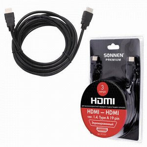 Кабель HDMI AM-AM, 3 м, SONNEN Premium, медь, для передачи аудио-видео, экранированный, 513131