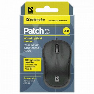 Мышь проводная DEFENDER Patch MS-759, USB, 2 кнопки + 1 колесо-кнопка, оптическая, черная, 52759