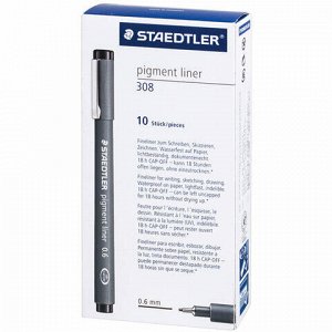 Ручка капиллярная (линер) STAEDTLER "Pigment Liner", ЧЕРНАЯ, корпус серый, линия письма 0,6 мм, 308 06-9