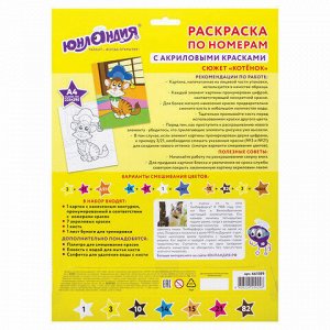 Раскраска по номерам А4, ЮНЛАНДИЯ &quot;КОТЕНОК&quot;, С АКРИЛОВЫМИ КРАСКАМИ, на картоне, кисть, 661589