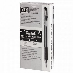 Ручка гелевая с грипом PENTEL (Япония) "Hybrid Gel Grip", БЕЛАЯ, узел 0,8 мм, линия письма 0,4 мм, K118-LW