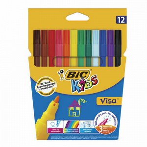 Фломастеры BIC "VISA", 12 цветов, суперсмываемые, вентилируемый колпачок, европодвес, 888695