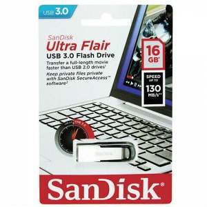 Флеш-диск 16 GB, SANDISK Ultra Flair, USB 3.0, металлический корпус, серебристый, SDCZ73-016G-G46