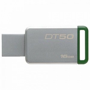 Флеш-диск 16 GB KINGSTON DataTraveler 50 USB 3.0, металлический корпус, серебристый/зеленый, DT50/16GB