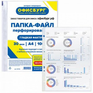 Папки-файлы перфорированные ОФИСБУРГ, А4, комплект 100 шт., гладкие, 30 мкм, 227525