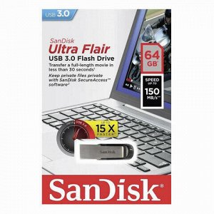 Флеш-диск 64 GB, SANDISK Ultra Flair USB 3.0, серебристый/черный, SDCZ73-064G-G46