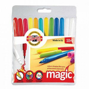 Фломастеры KOH-I-NOOR "Magic", 12 шт., 10 цветов + 2 перекрашивающих, смываемые, пластиковая упаковка, подвес, 771612AB01TE