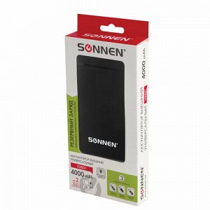 Аккумулятор внешний SONNEN POWERBANK V3801, 4000 mAh, литий-полимерный, черный, 262751