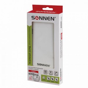 Аккумулятор внешний SONNEN POWERBANK V3802, 6000 mAh, 2 USB, литий-полимерный, бело-черный, 262753